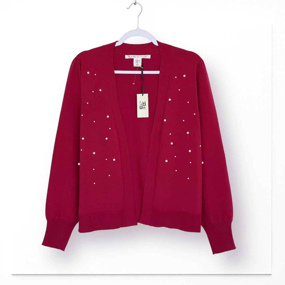 Max Studio Knit Cardigan Pearls Embellished Open Front Long Sleeves Red Ribbed
